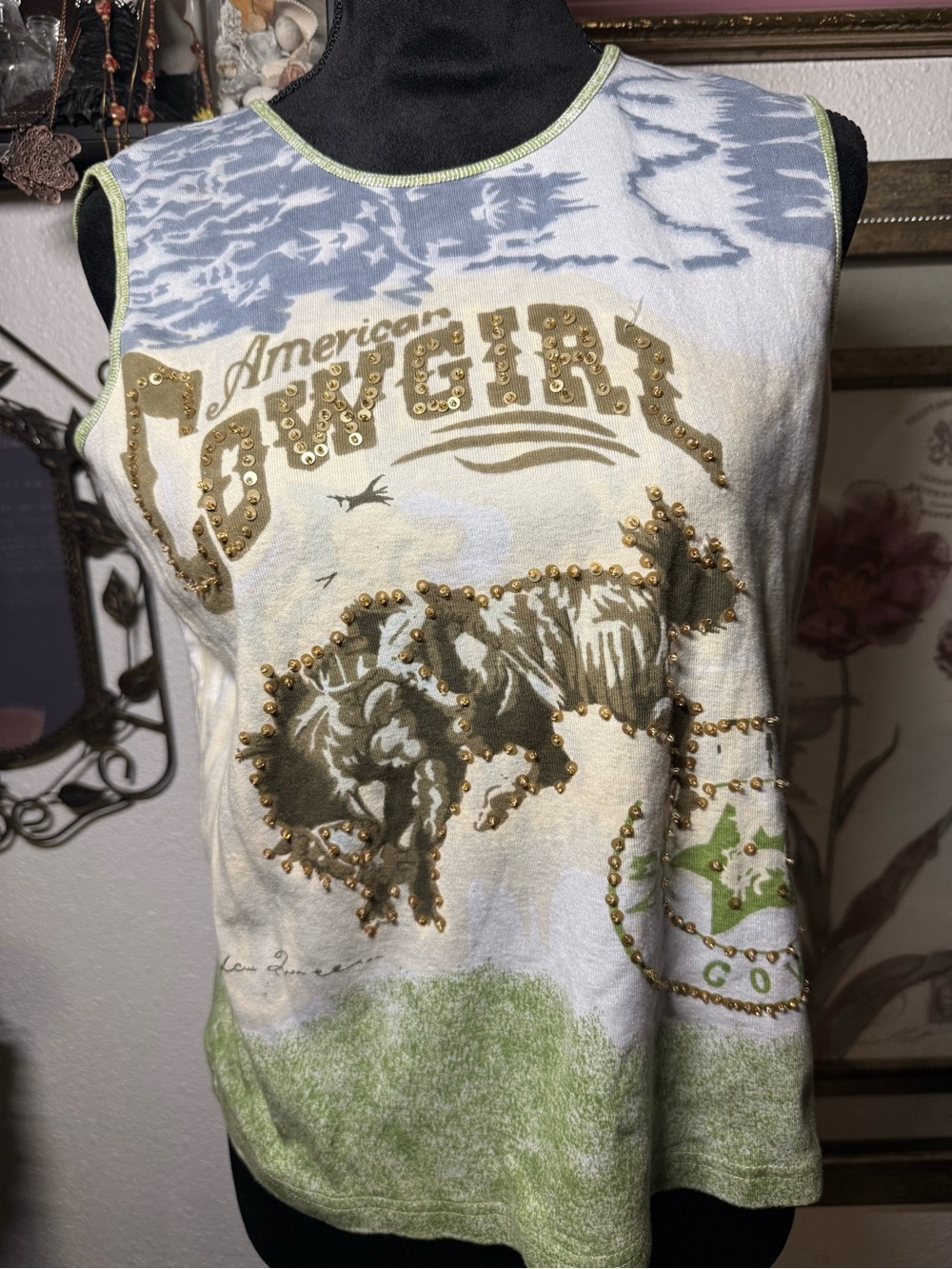 Jane Ashley American Cowgirl Sequin Tank Top Womens •M• Western Rodeo Y2K